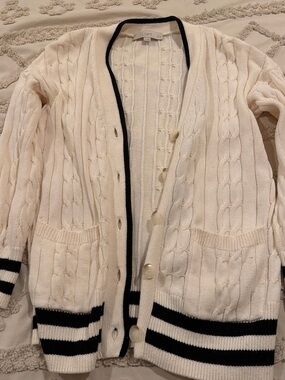 LOFT Cream Cable Knit Cardigan with Black Stripe Trim